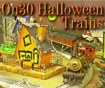 On30 Halloween Trains.  This is the first modern On30 train - manufactured by Bachmann for Dept. 46, displayed on Howard Lamey's Halloween Village, 'Spook Hill.' Sorry, the Dept. 56 train is long gone, as are about fifteen other collectibles.  But it's still a great scale for Halloween Villages, as this photo shows.  Instructions for making the 'Frost is On the Pumpkin' house and many more are located in the 'Spook Hill' section of this site.  