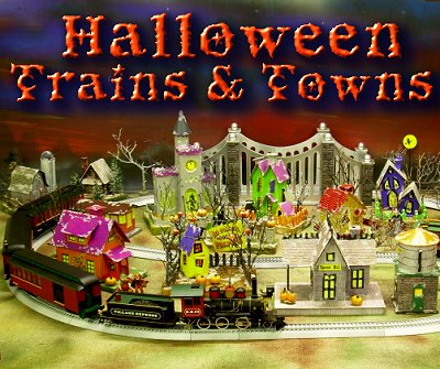 Every item of this Halloween village was made by putz designer Howard Lamey, and we have instructions for making most of the pieces on our Primer page.  The train is the original Dept. 56 On30 train, long since discontinued, but the ancestor of many other great On30 trains we've had the privilege of reviewing.