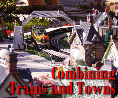 This photo is actually of John and Gale Blessing's OUTDOOR railroad, but it shows using model trains with collectible village pieces. Click for a bigger photo.