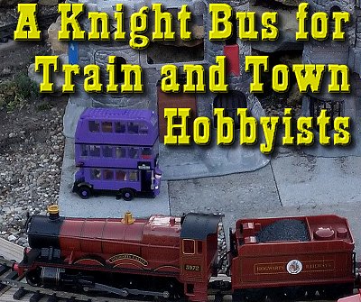 A Lego Knight Bus running on a Halloween/Hogwarts-themed display on our garden railroad in the fall of 2021.